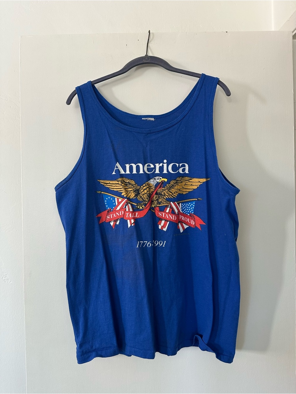 Vintage America Stand Tall Stand Proud 1776 1991 Eagle Graphic Tank Top Blue
